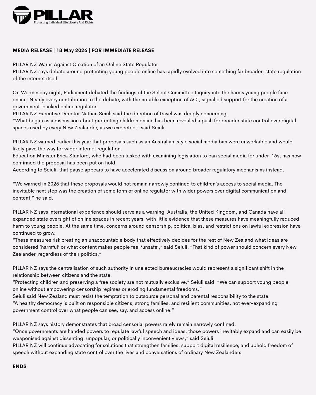 MEDIA RELEASE | 18 May 2026 | FOR IMMEDIATE RELEASE
PILLAR NZ Warns Against Creation of an Online State Regulator