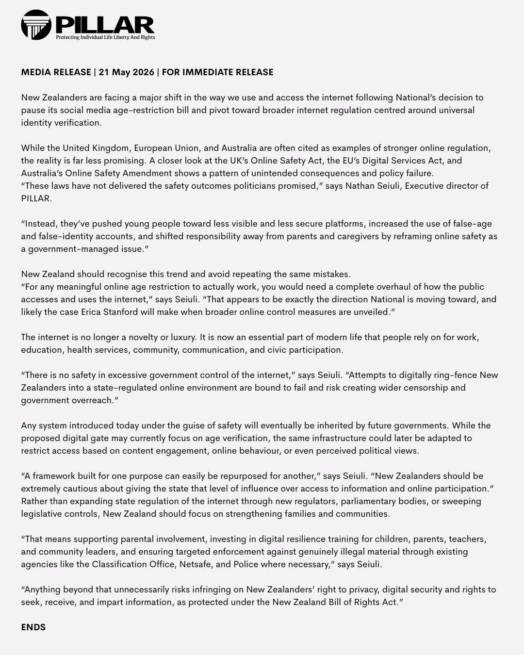 There Is No Safety in Excessive Government Control of the Internet
MEDIA RELEASE | 21 May 2026 | FOR IMMEDIATE RELEASE