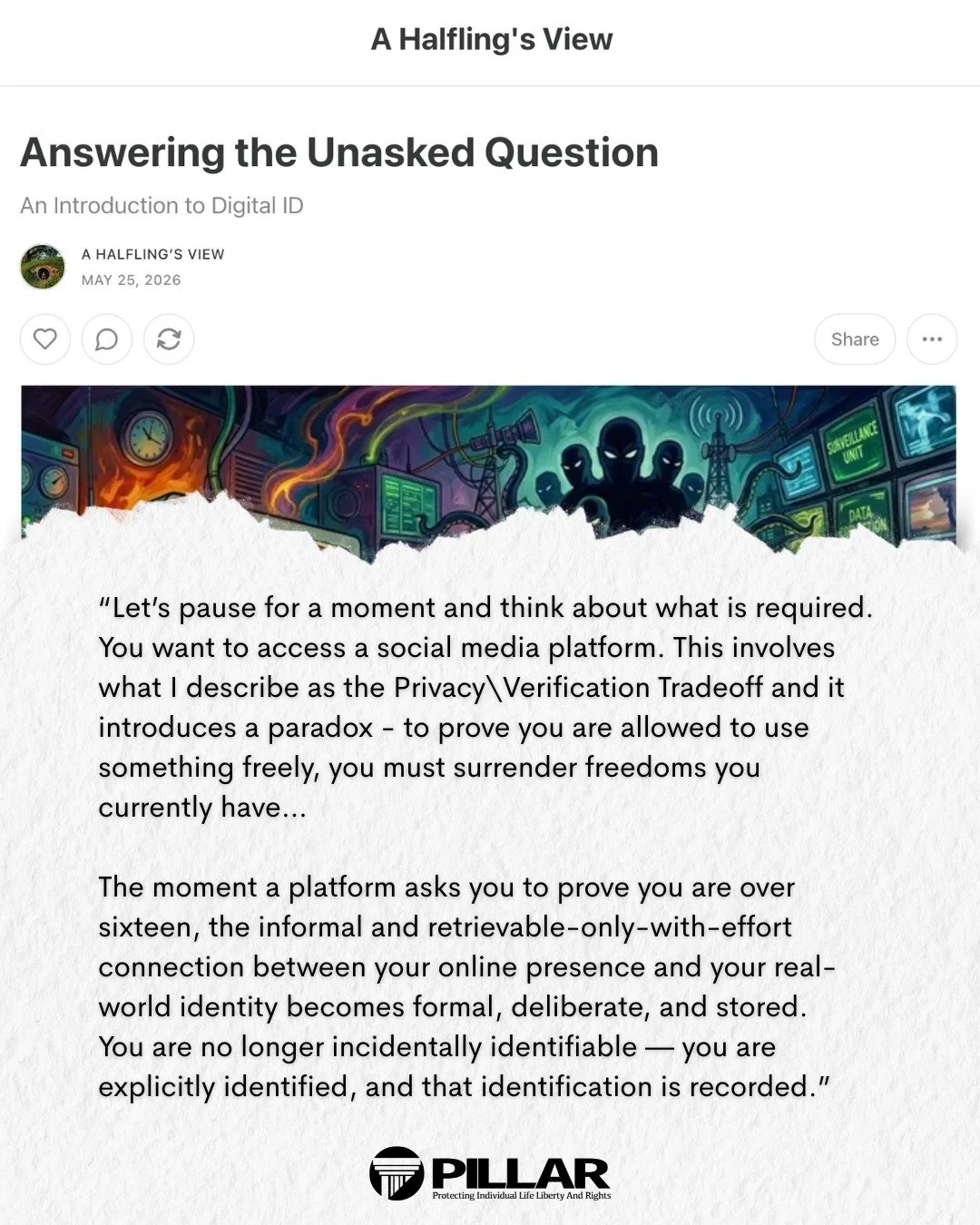 David Harvey, aka A Halfling&rsquo;s View on Substack, has released part one of a five-part series tackling the question nobody&rsquo;s asking about online age restrictions:
Not just whether governments should limit access to online platforms, but ho