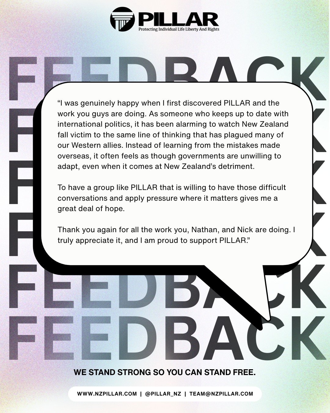 We love hearing from you! Whether you&rsquo;ve got a question, feedback, concern, or just want to say hello, send us an email at team@nzpillar.com