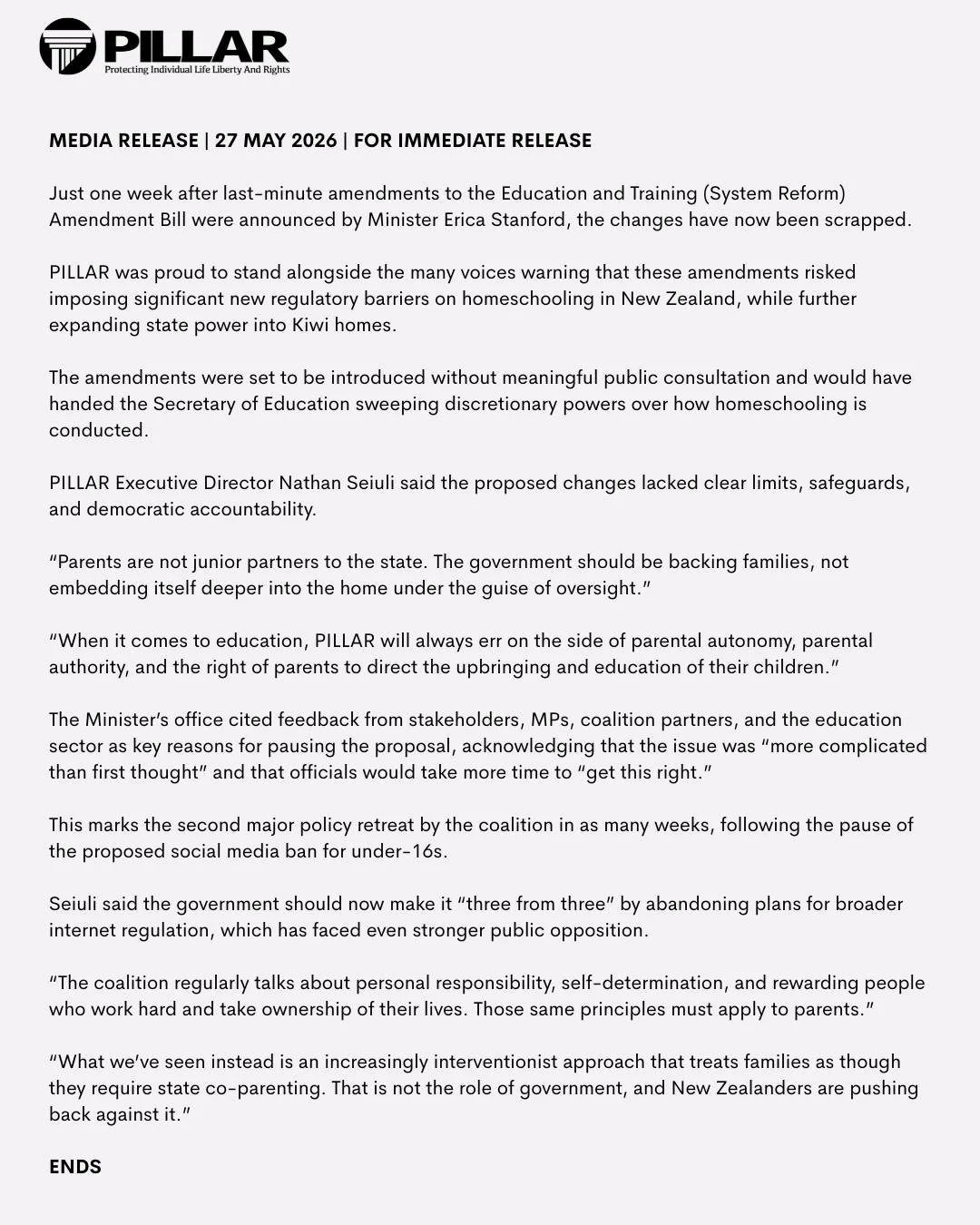 PILLAR Celebrates Pause on &ldquo;State Co-Parenting&rdquo; Approach to Homeschooling
MEDIA RELEASE | 27 MAY 2026 | FOR IMMEDIATE RELEASE