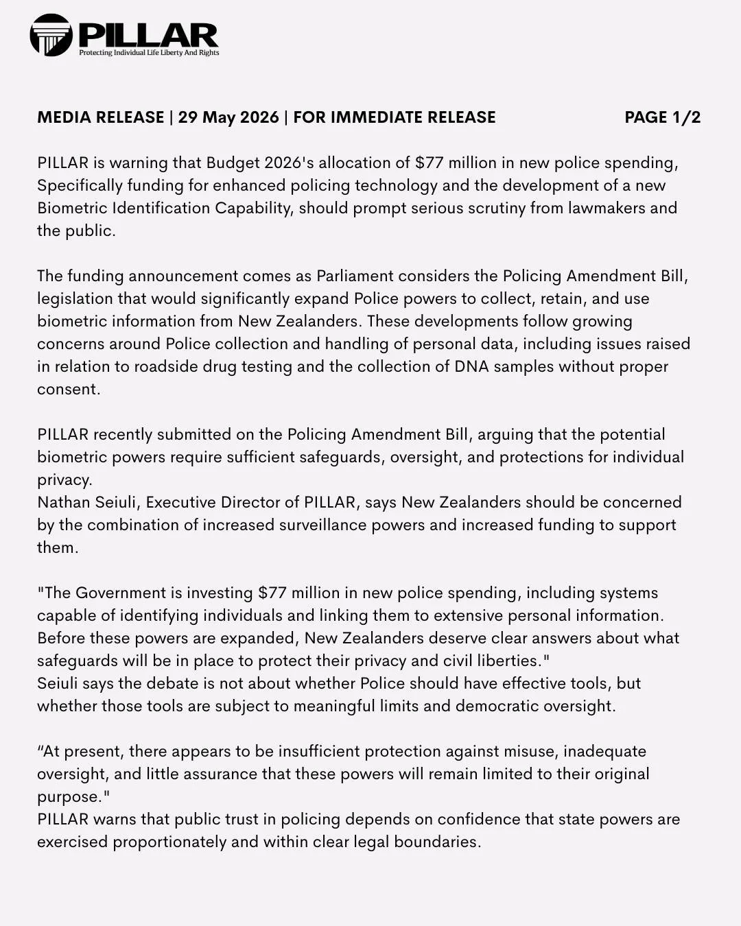 MEDIA RELEASE | 29 May 2026 | FOR IMMEDIATE RELEASE
PILLAR Warns Budget 2026 Funding for Police Biometric Surveillance Raises Serious Privacy Concerns