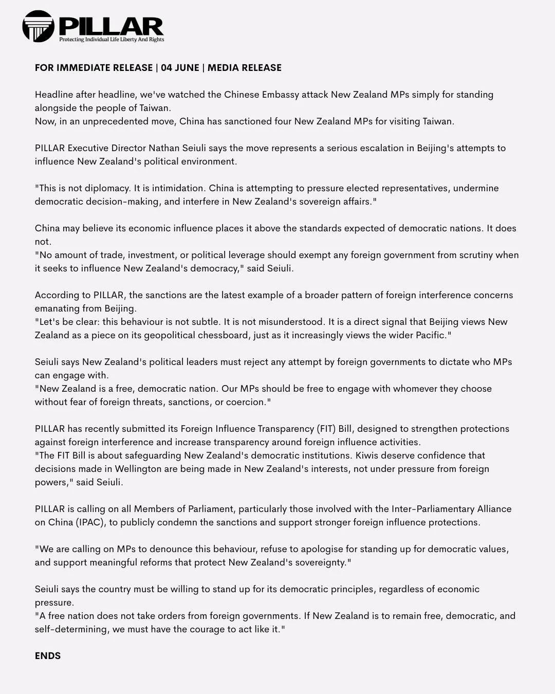 China's Sanctions on New Zealand MPs Are an Attack on Democratic Freedom
FOR IMMEDIATE RELEASE | 04 JUNE | MEDIA RELEASE