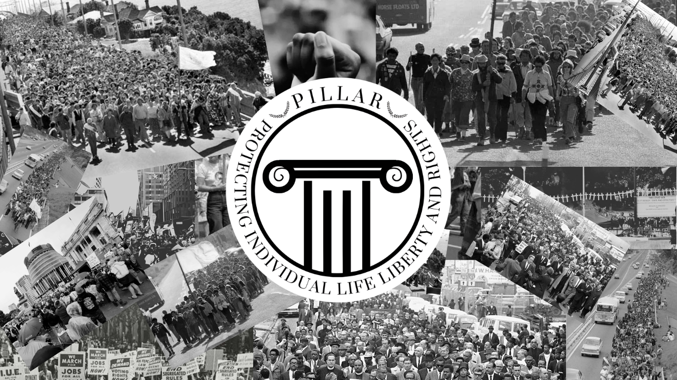 A collage of black and white photos showing large crowds protesting for individual rights, liberty, and justice, with a central emblem featuring a Greek column and the words "Pillar Protecting Individual Life Liberty and Rights."