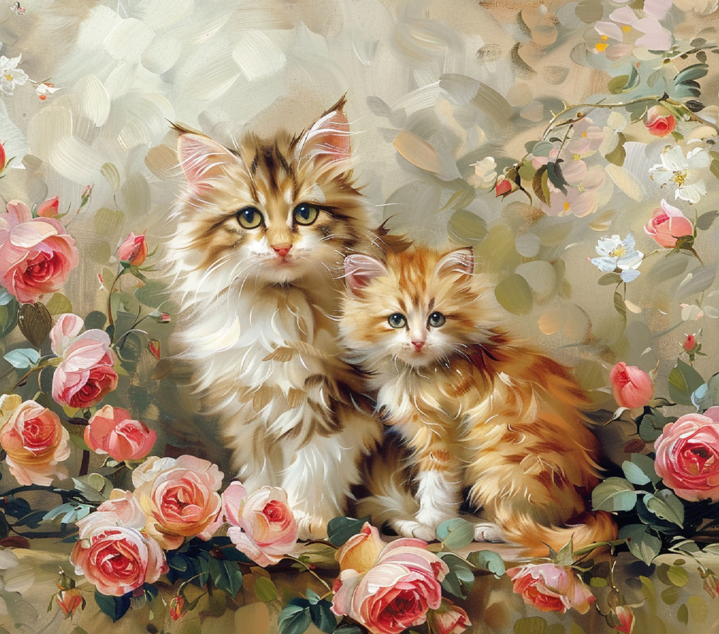 Cat - Orange Tabby Cat & Kitten with Flowers