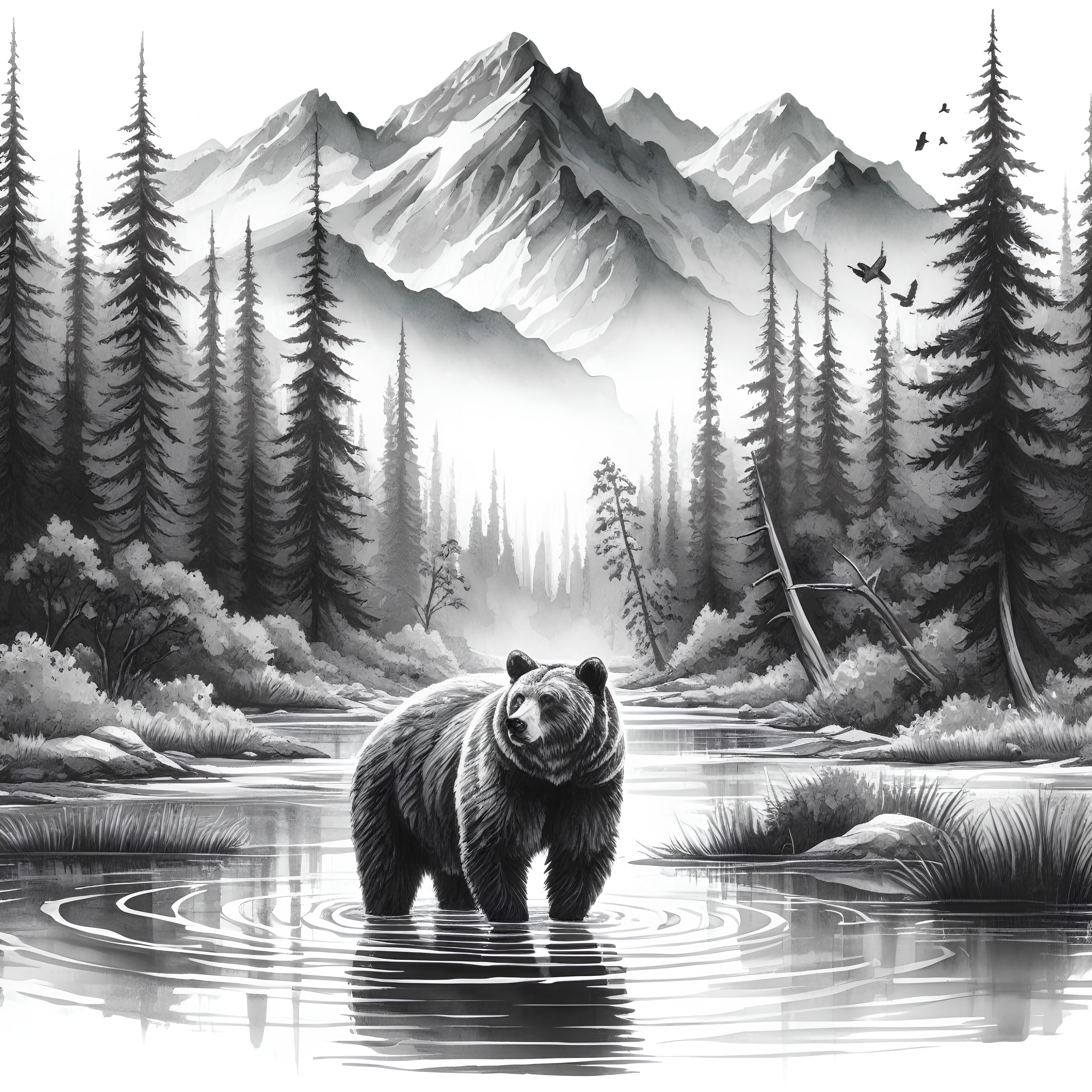 Bear - Stream, Trees & Mountains