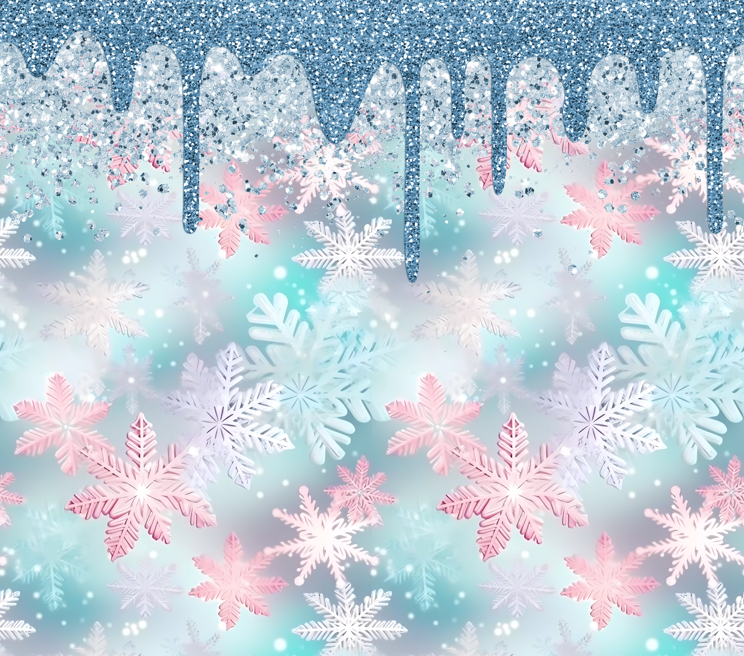 Blue Drip with White & Pink Snowflakes