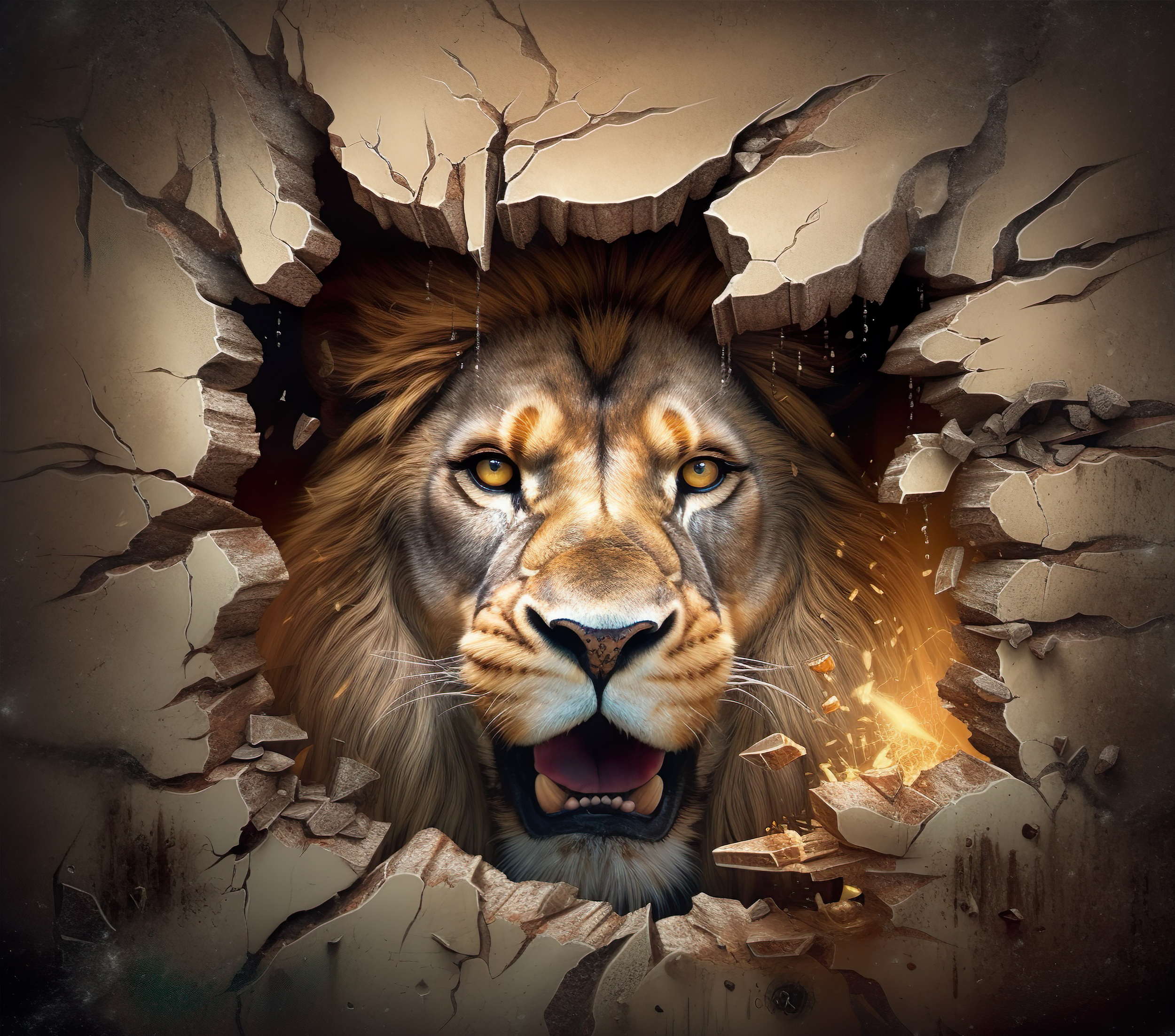 Lion Bursting Through Rock Wall