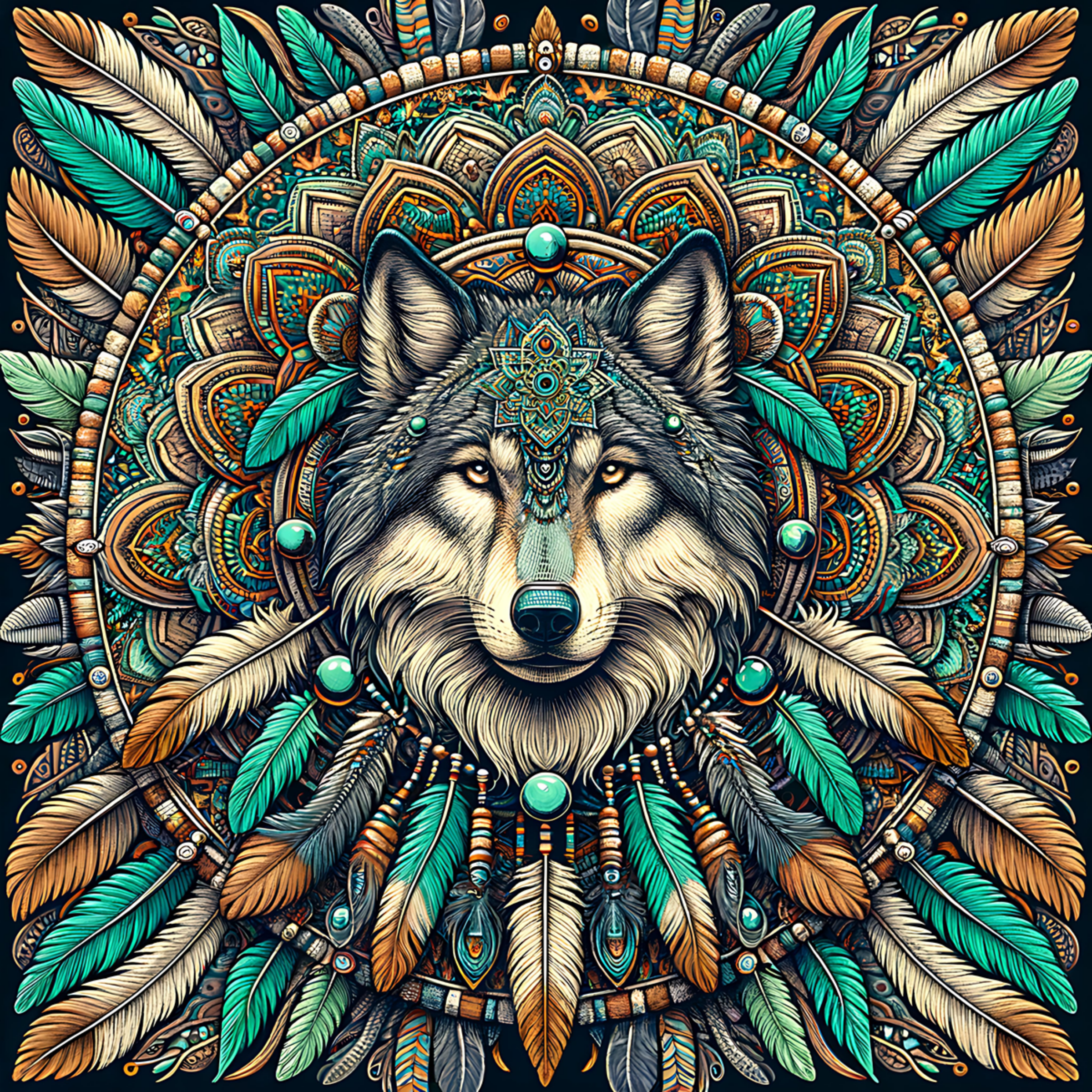 Wolf with Feathers Surrounding It