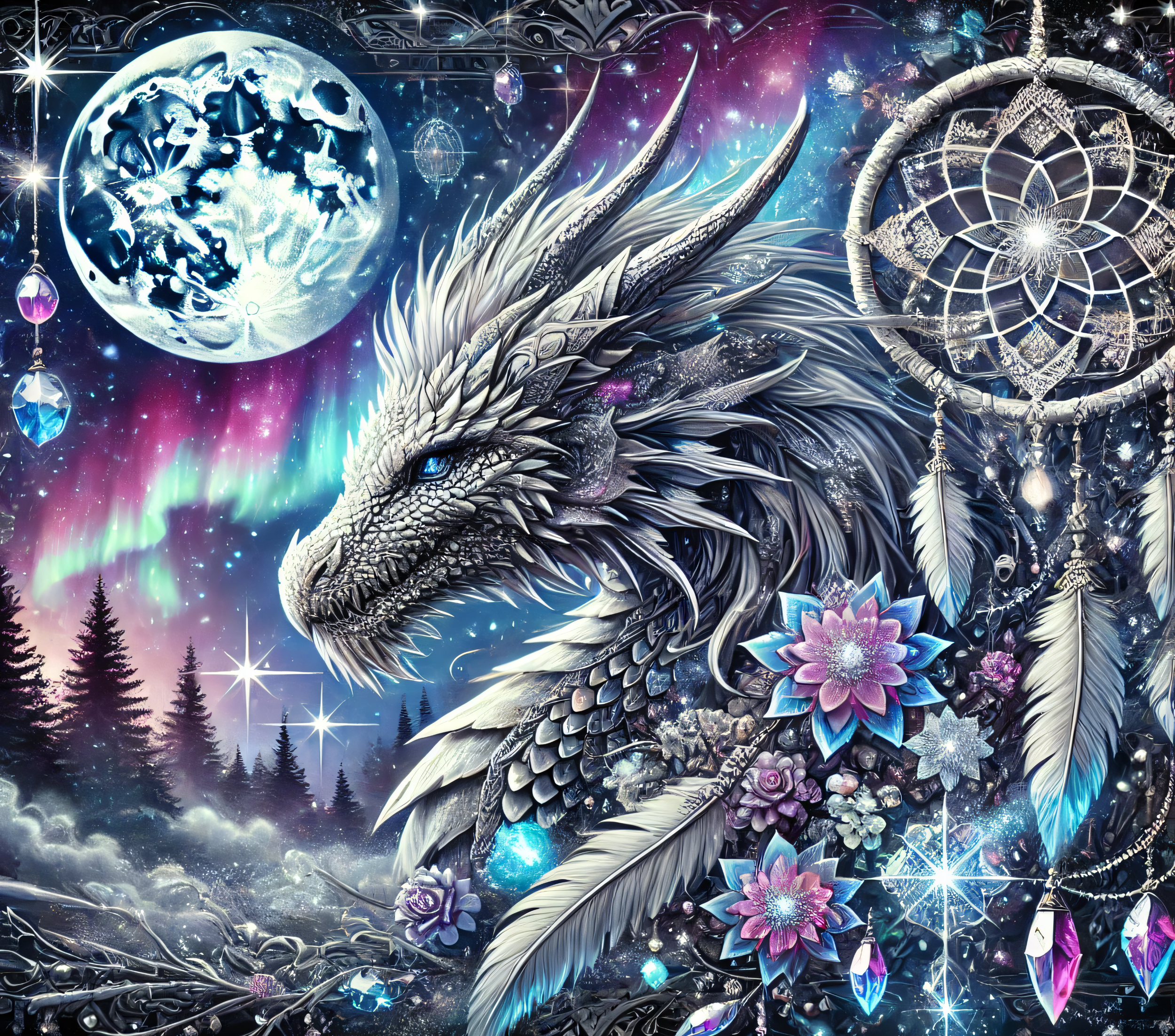 Dragon - White Jewel Dragon with Moon & Dream Catcher