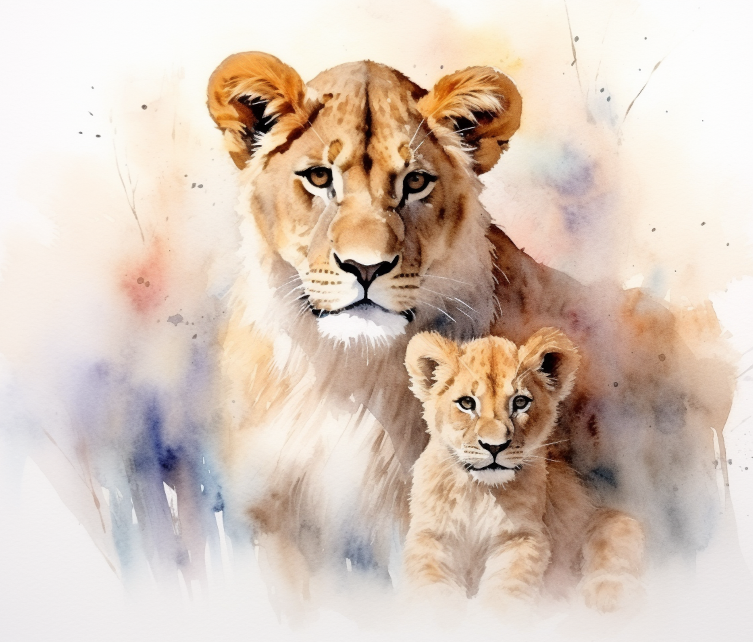 Lioness with Cub - Watercolor
