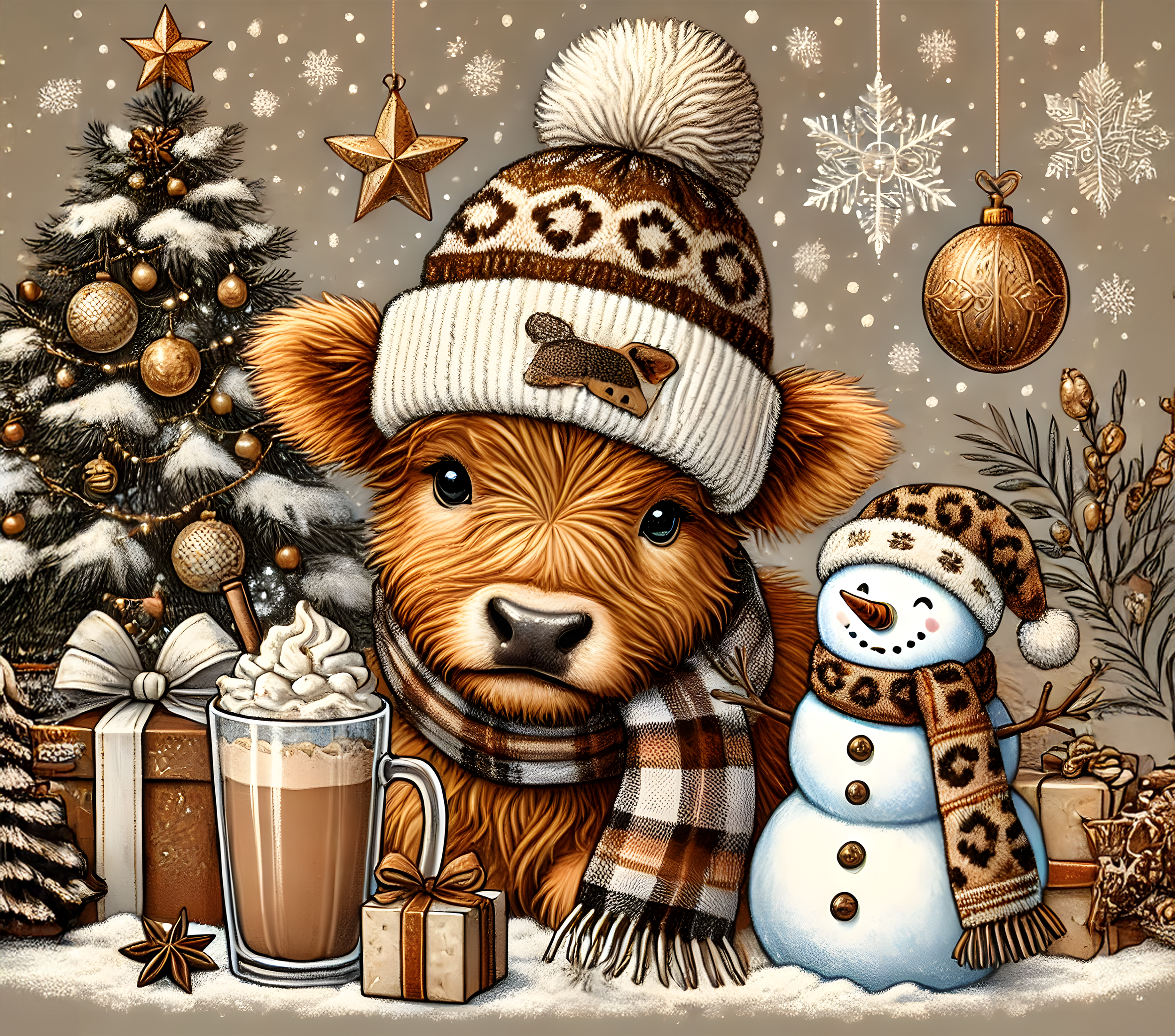Cow - Drinking Hot Chocolate with Snowman - Brown