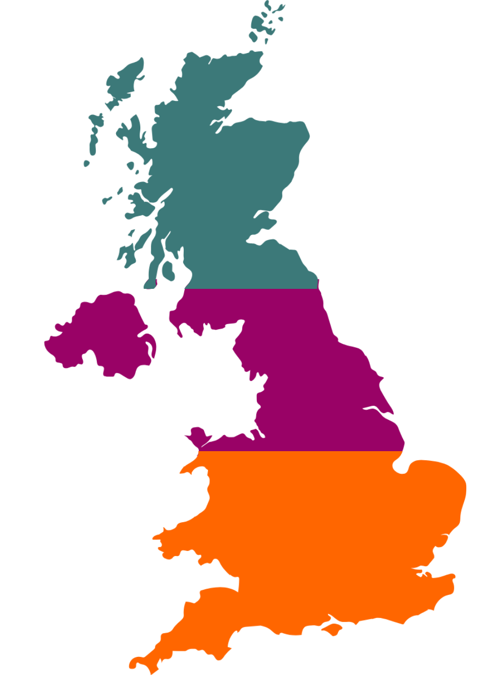 Map of the United Kingdom divided into regions with different colors: teal, purple, and orange.