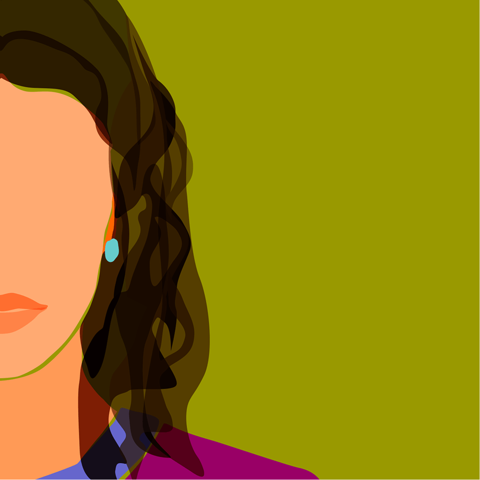 Partial illustration of a woman with brown hair, wearing a turquoise earring and a purple top, against an olive green background.