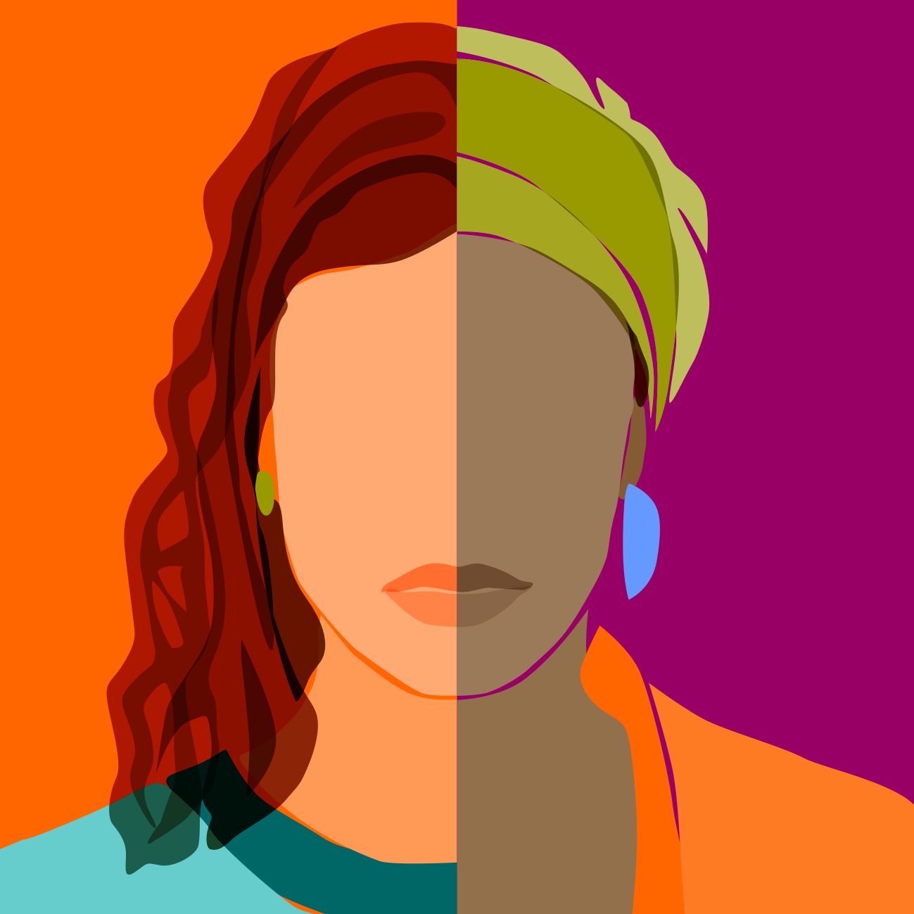 A digital illustration of a person with half of their face featuring long wavy red hair and an orange background, and the other half with short blonde hair, large blue earrings, and a purple background.