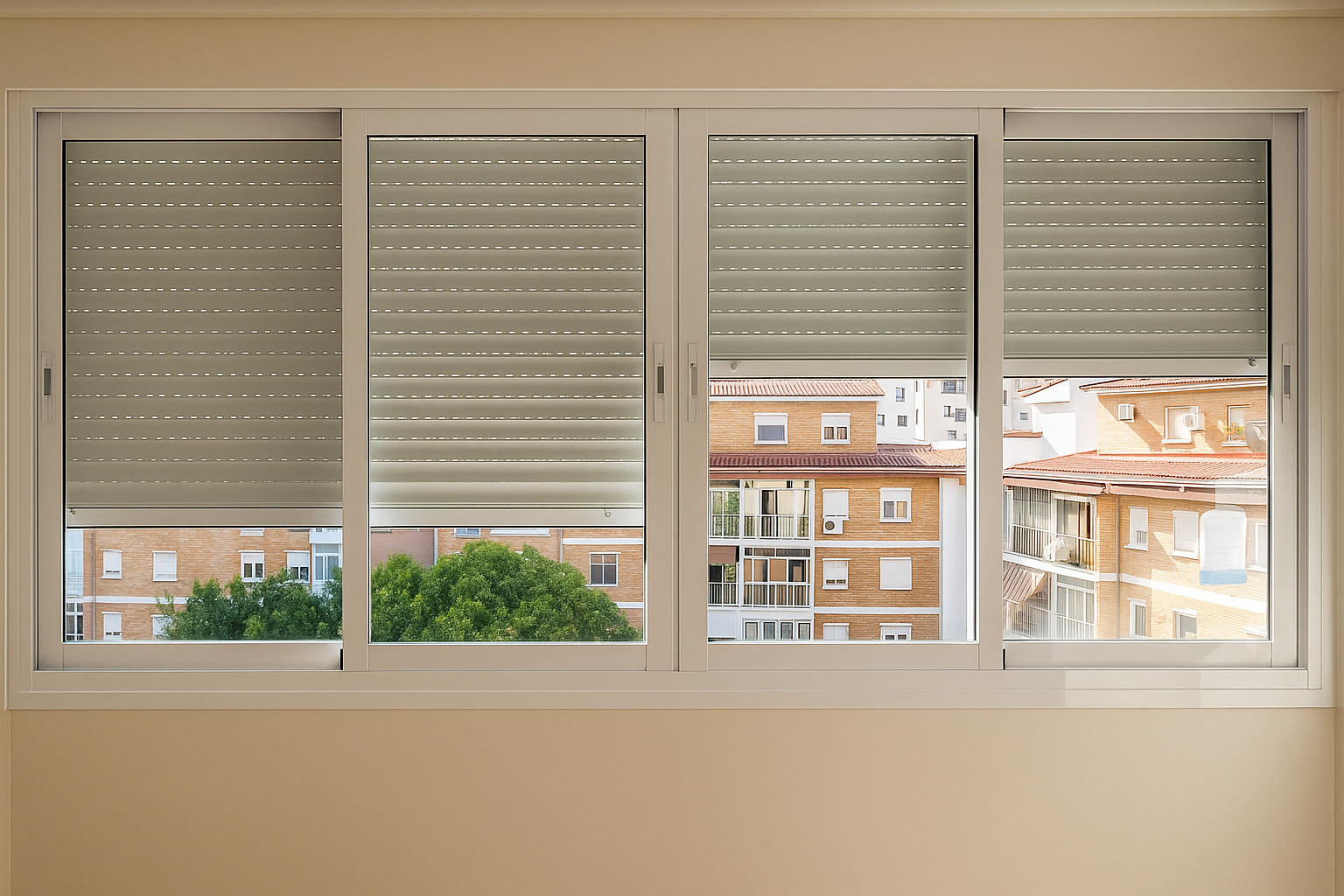 Ventana de aluminio de 4 hojas correderas con vidrio Climalit transparente para mejor aislamiento térmico y sonoro.
Con doble persiana de lamas de aluminio para aún mas aislamiento térmico y oscuridad.