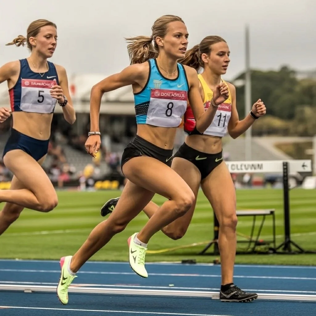 Three female athletes running a race on a track field.