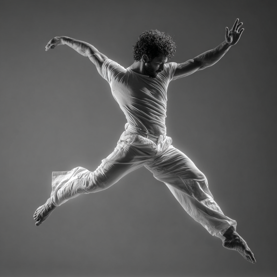 A man with curly hair and a beard performing a dynamic leap or jump, wearing a white t-shirt and loose pants, captured in black and white against a plain background.