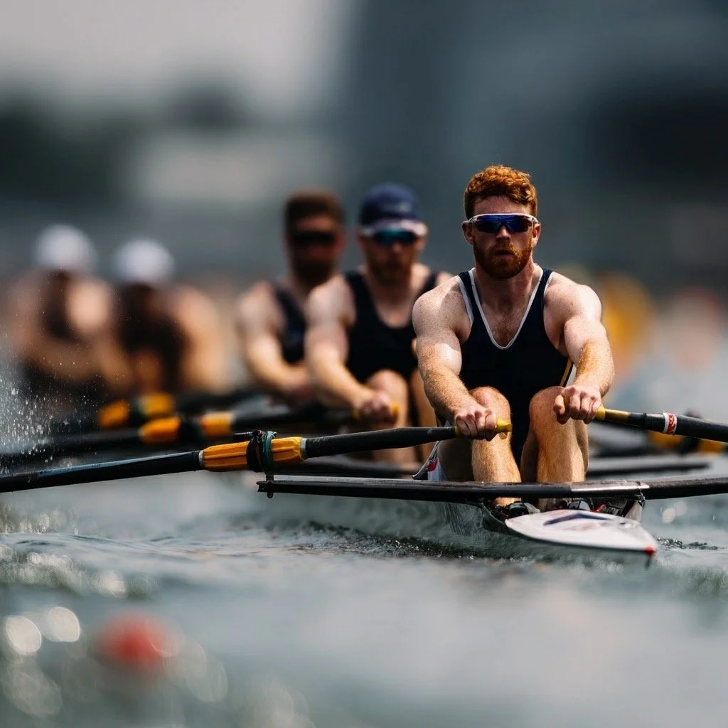 A team of male rowers in a racing shell rowing on water, wearing sunglasses and athletic clothing.