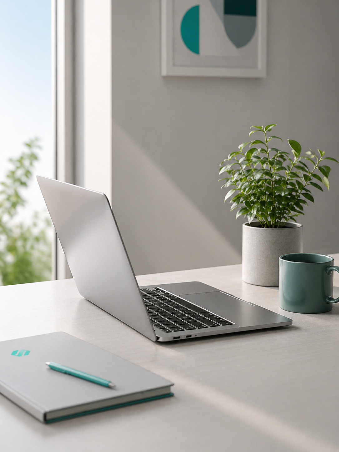 A modern workspace with an open laptop, a closed notebook with a pen, a potted plant, and a mug on a light-colored desk, with natural light coming from a window.