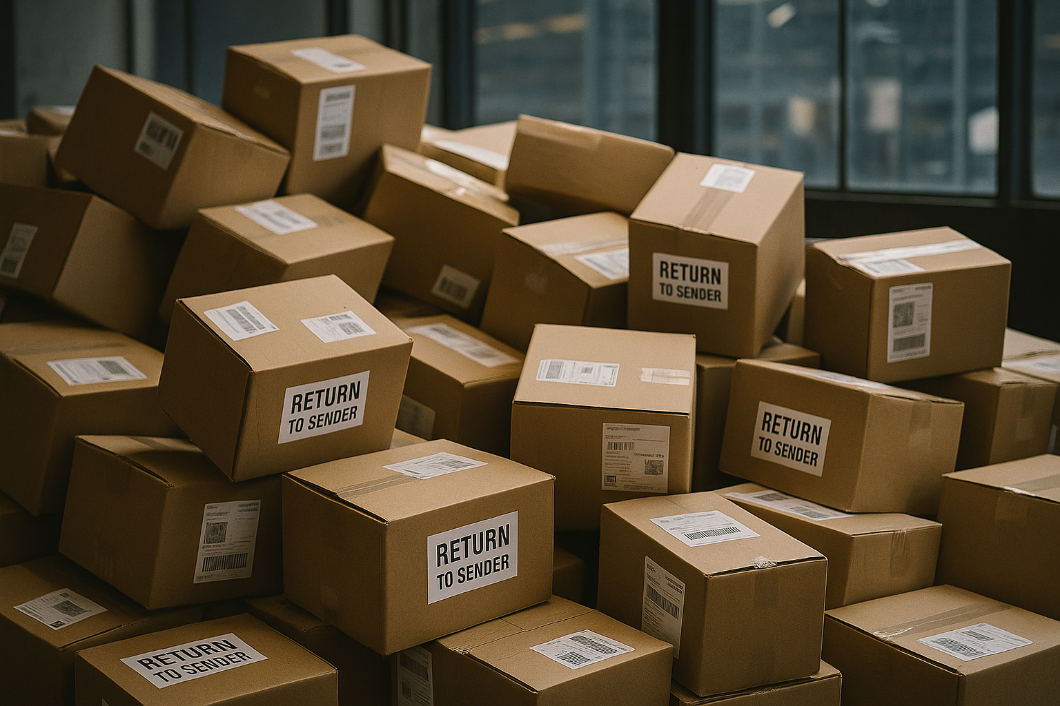Multiple cardboard boxes stacked with labels and signs that read 'Return to Sender', inside a warehouse or storage area.