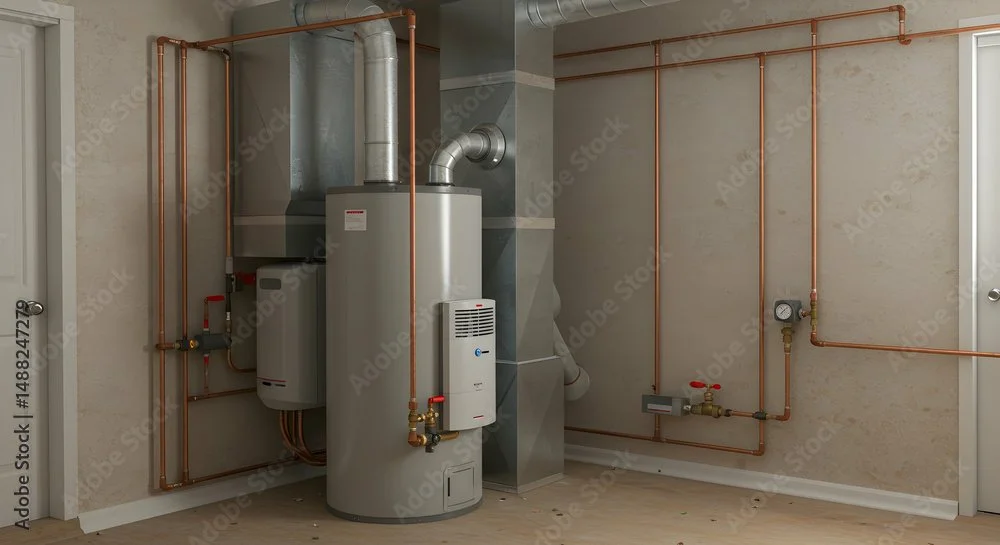A utility room or mechanical space with copper piping, a water heater, ducts, and a pressure gauge on the wall.