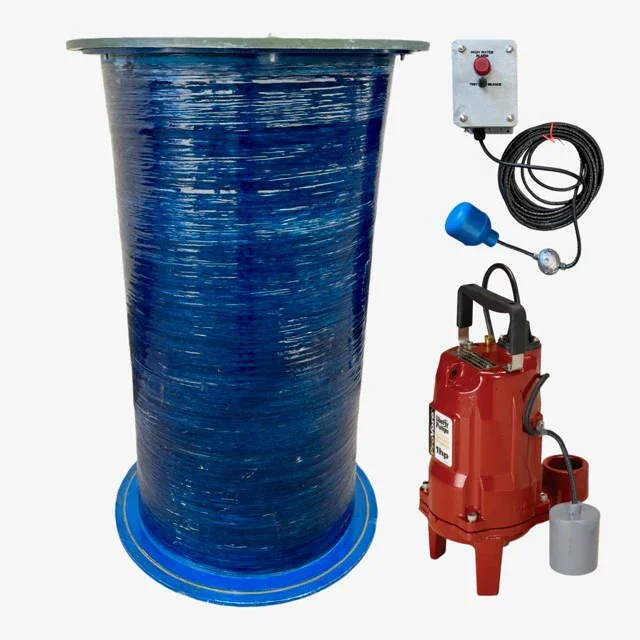 Large blue cylindrical container with a larger flat top, connected to a red submersible pump, a control box, and electrical cords for water transfer or sump drainage.