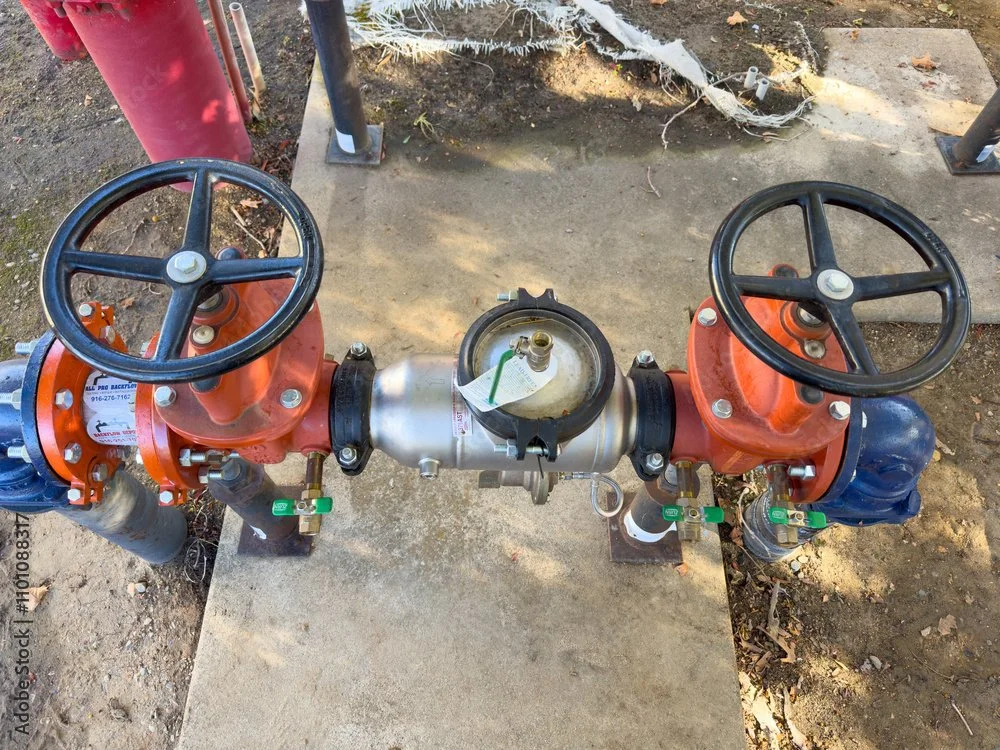 A fire sprinkler system valve assembly with two black wheel handles, a central gauge, and connected pipes, situated outdoors on a concrete platform.
