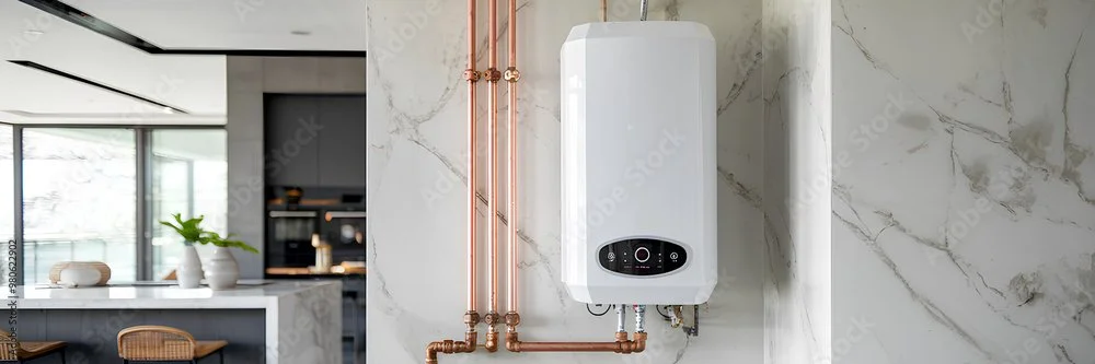 Modern kitchen with white marble walls and a white water heater mounted on the wall, copper pipes, and a glimpse of the kitchen counter with a plant and bowls.