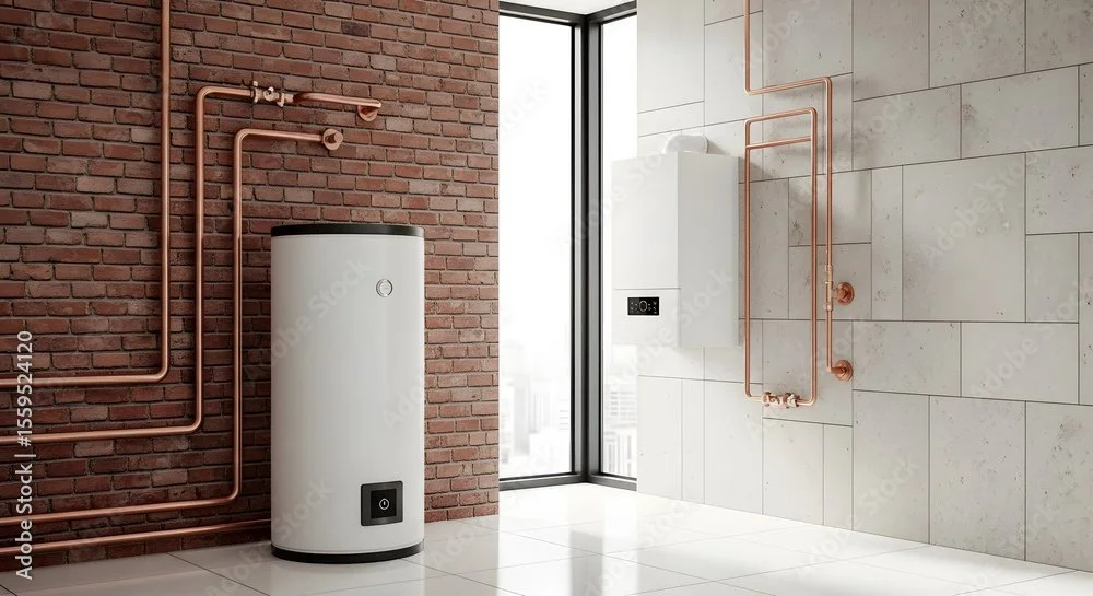 Modern interior with brick wall and white tiled wall, features a white water heater, copper pipes, and a digital control panel near a large window.