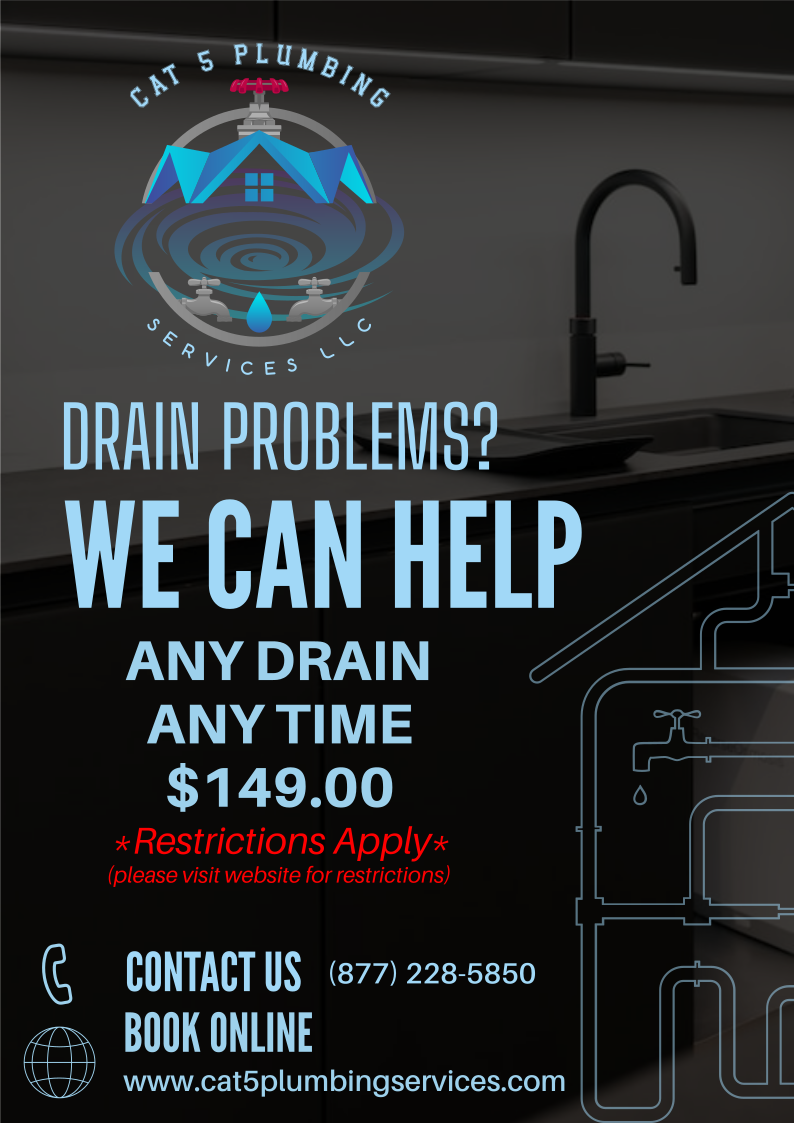 Advertisement for Cat 5 Plumbing Services LLC offering drain repair for $149, with contact information, website, and plumbing diagram.