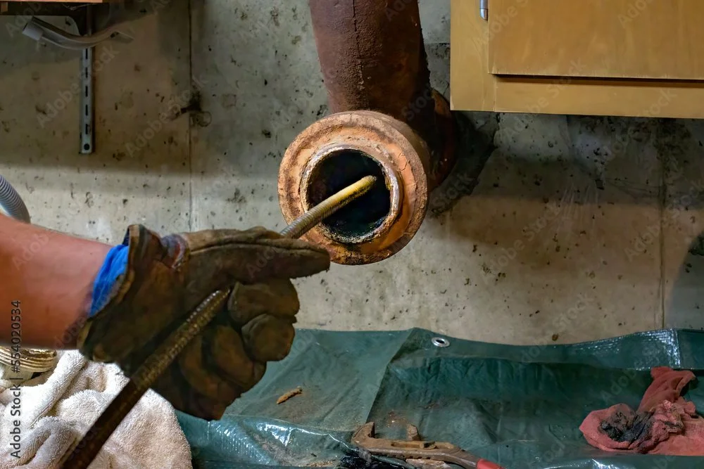 A person wearing brown gloves and a blue wristband is using a long metal tool to work inside a rusted pipe or cylinder, which is placed on a concrete floor next to a wooden cabinet.