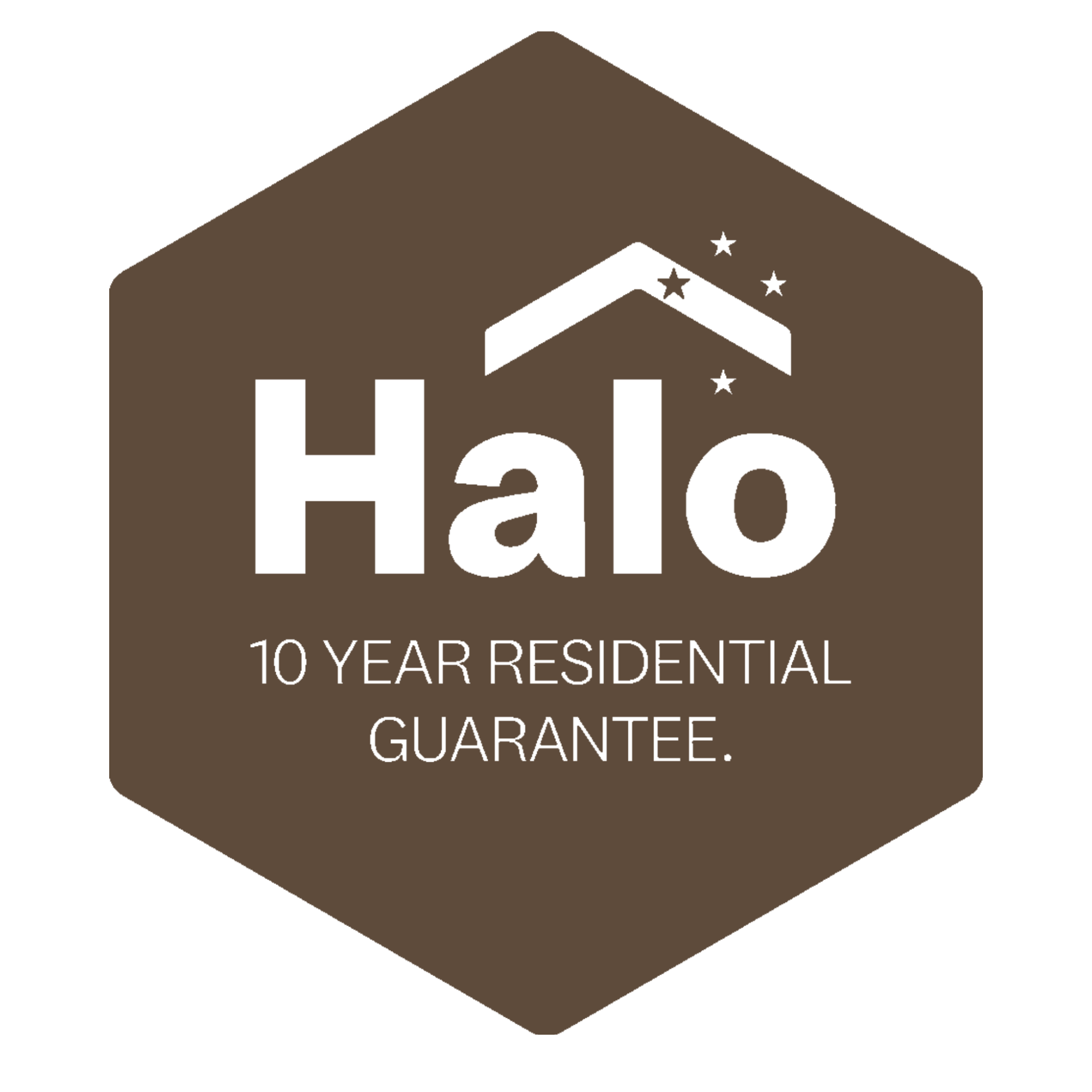 Hexagon-shaped logo with the brand name 'Halo' in large black letters and a roof icon with stars above it. Text below reads '10 Year Residential Guarantee'.