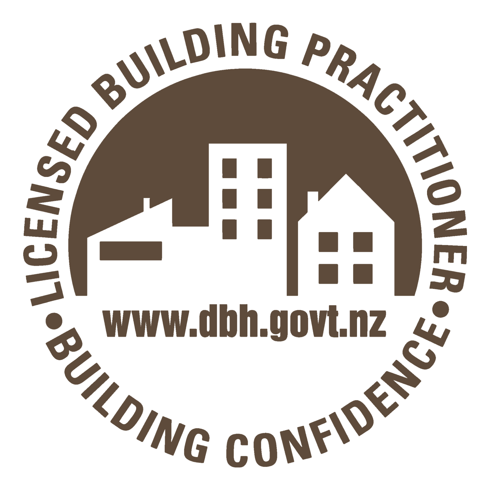 Logo with silhouettes of various buildings and the text "Licensed Building Practitioner" and "www.dbh.govt.nz" encircling them.