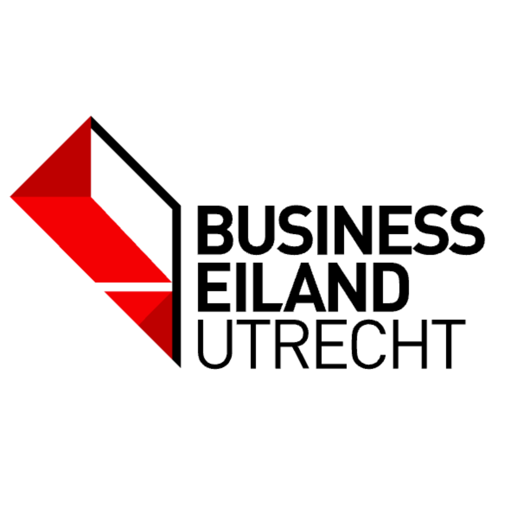 Logo van Business Eiland Utrecht met een geometrisch rood en zwart ontwerp en zwarte letters.