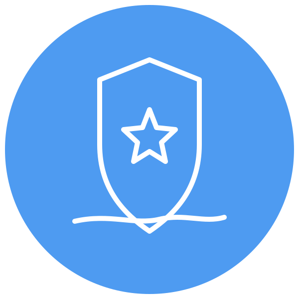 Icon of a shield with a star in the center, on a blue circular background.