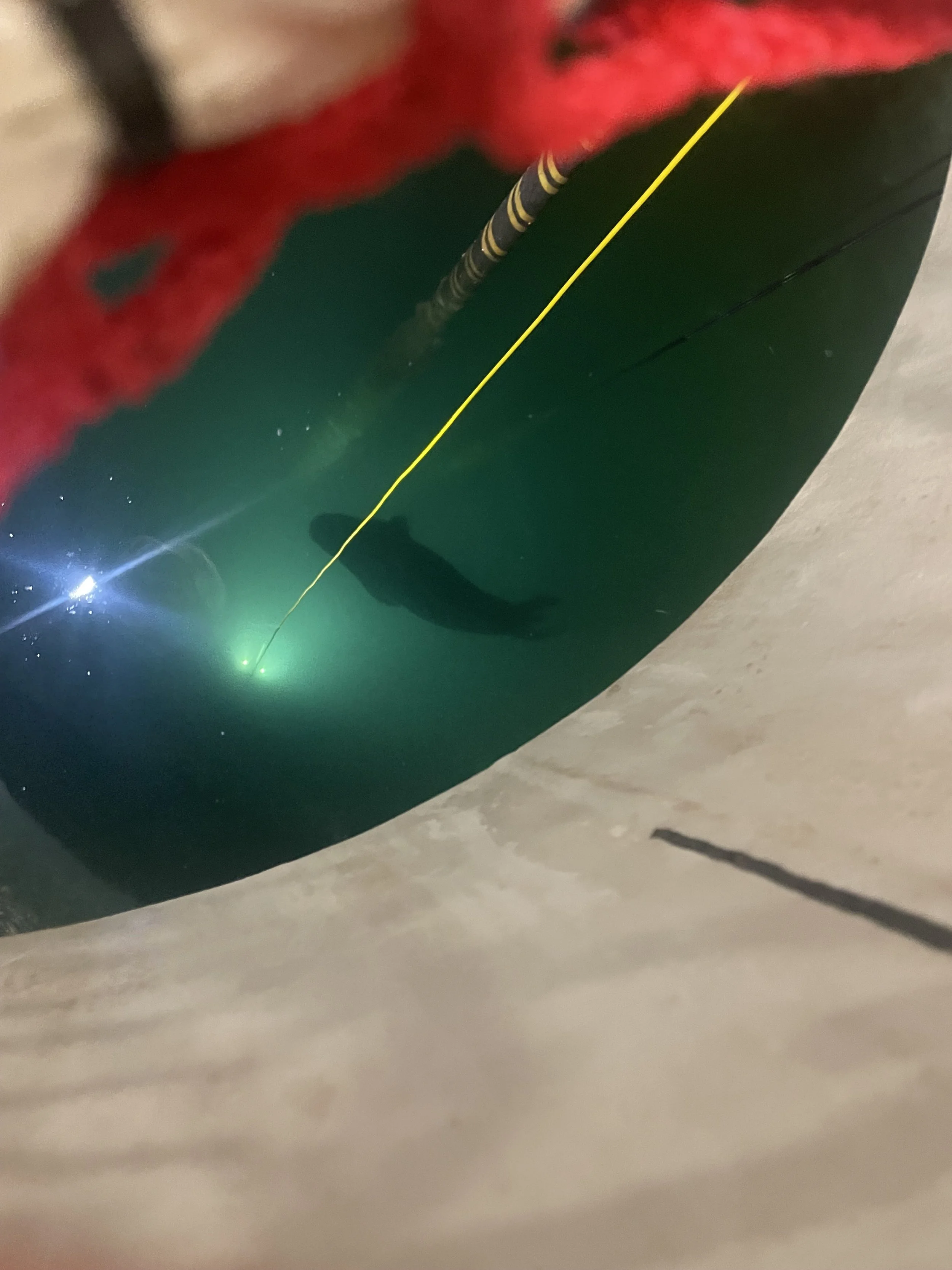 Underwater view of a person scuba diving in a pool, with a yellow diving line and a green laser pointing at the water's surface, surrounded by a metal drain and red and beige tiled walls.