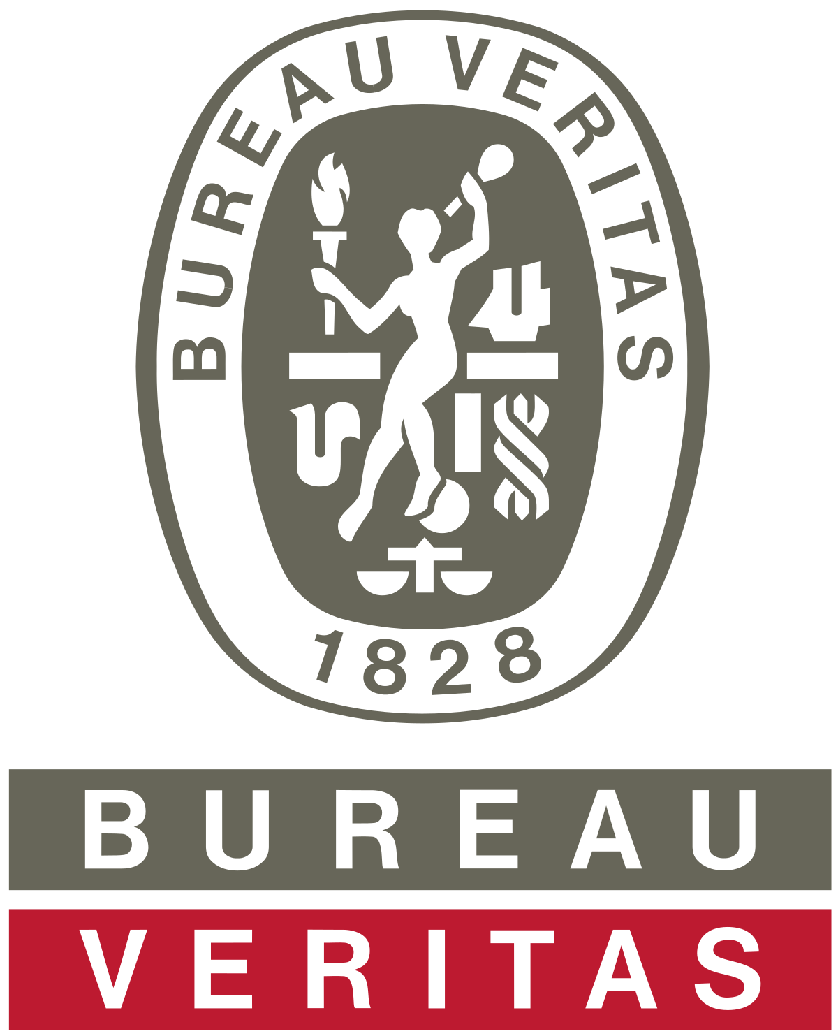 The logo of the Bureau of Alcohol, Tobacco, Firearms and Explosives featuring a central woman holding a torch and a set of scales, with the year 1828 and the motto 'Bureau Veritas'.