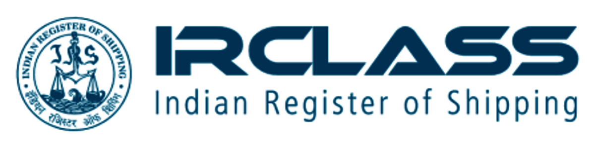 Logo of the Indian Register of Shipping with a blue circular emblem featuring a scale and anchor, and the words "INDIAN REGISTER OF SHIPPING" around the emblem, next to the text "IRCLASS" and "Indian Register of Shipping".