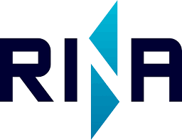 Logo with stylized blue triangle and letter 'RINA' in bold black font.