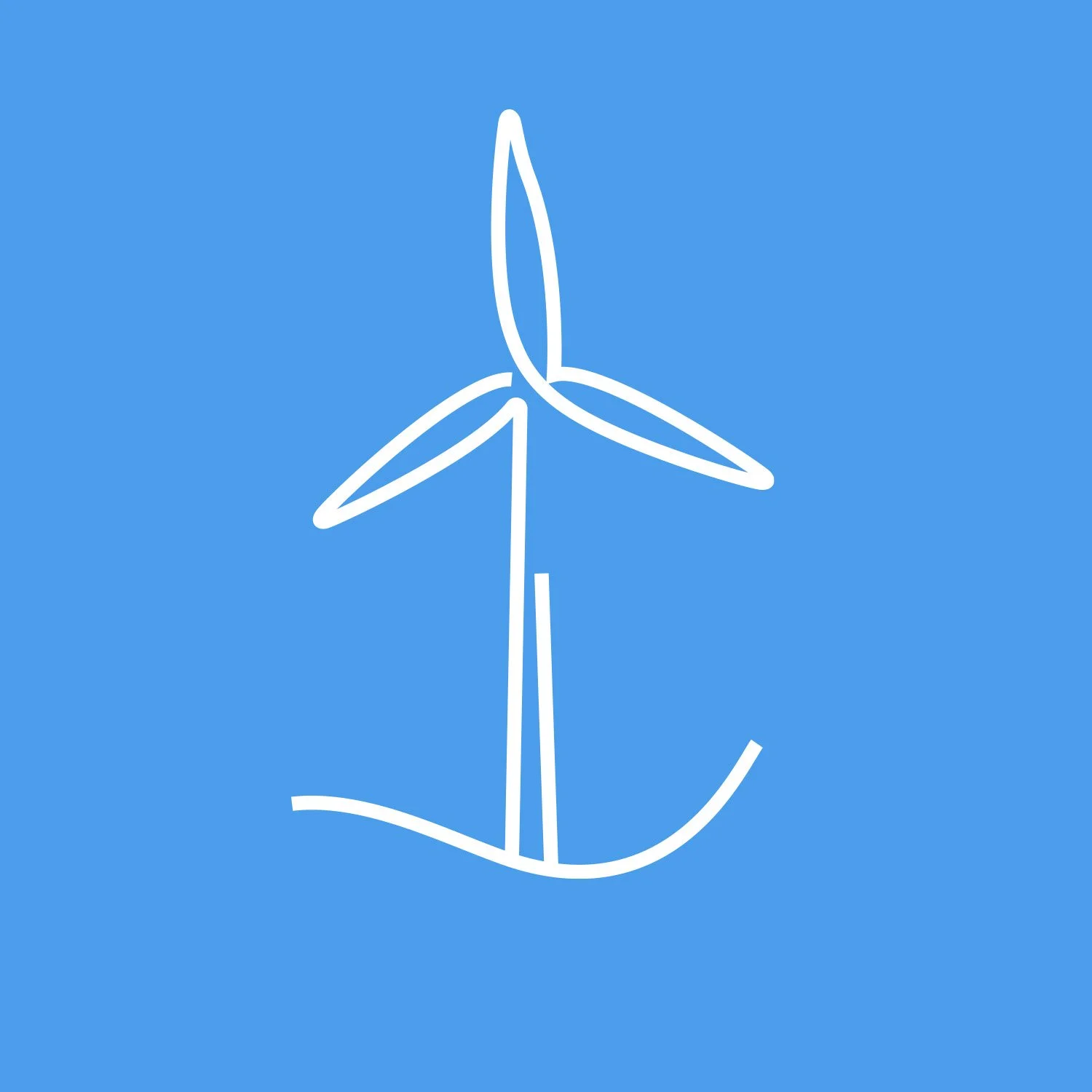 Outline drawing of a wind turbine on a blue background.