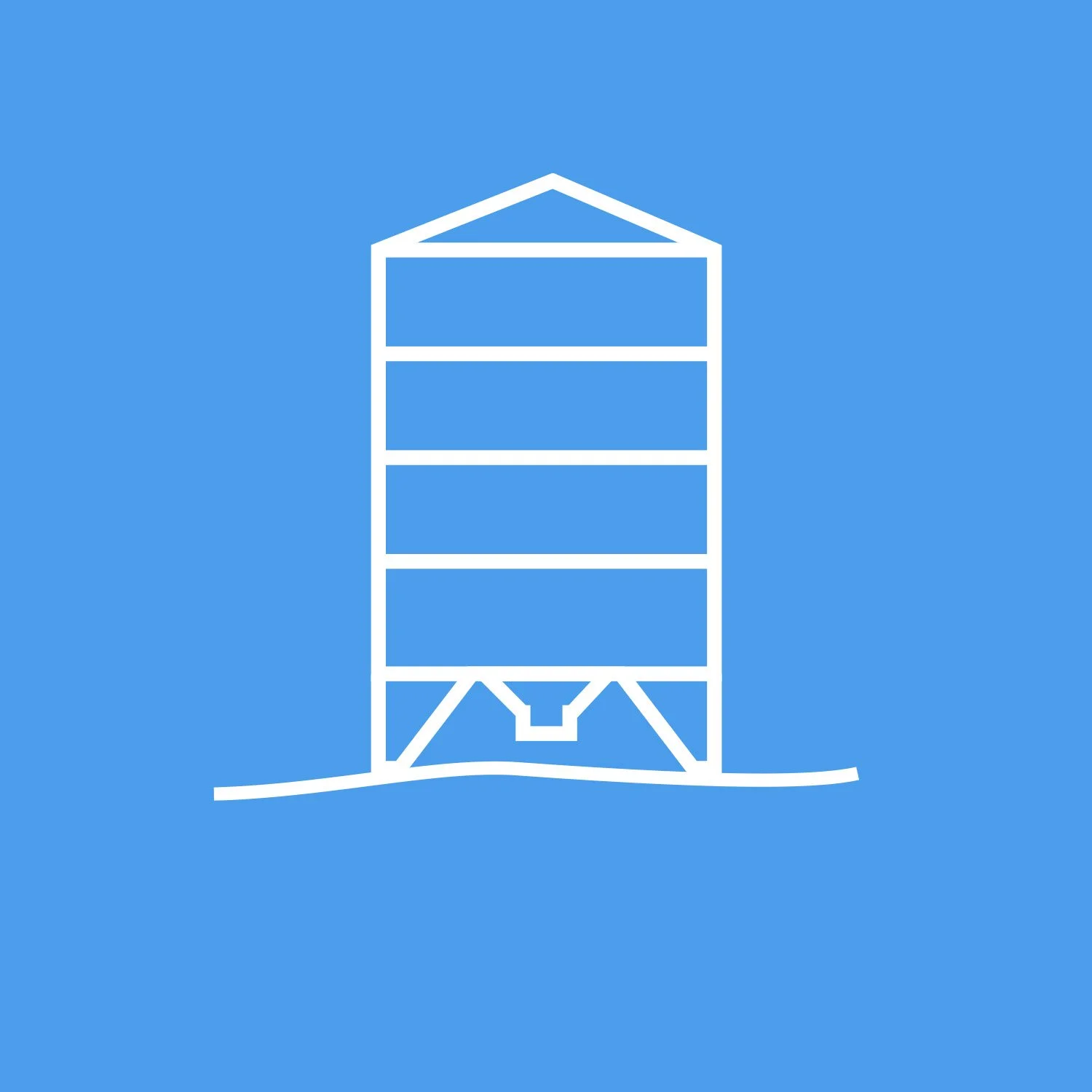 Outline drawing of a silo with a blue background.