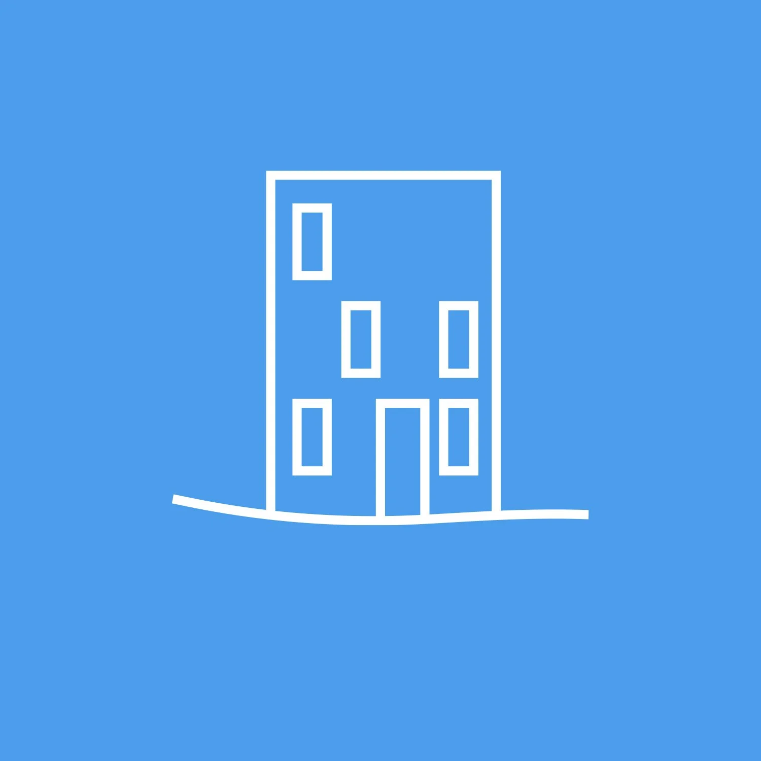 Simple white line drawing of a multistory building with five windows on a blue background.