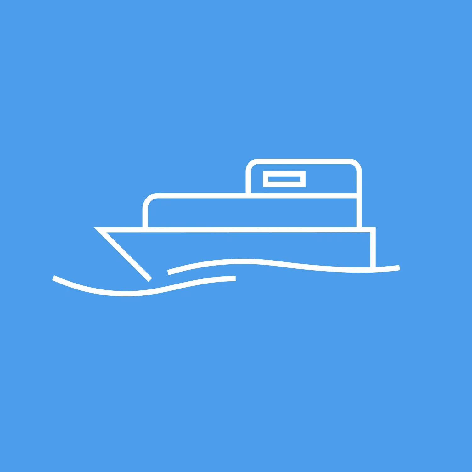 Line drawing of a boat on water against a blue background.