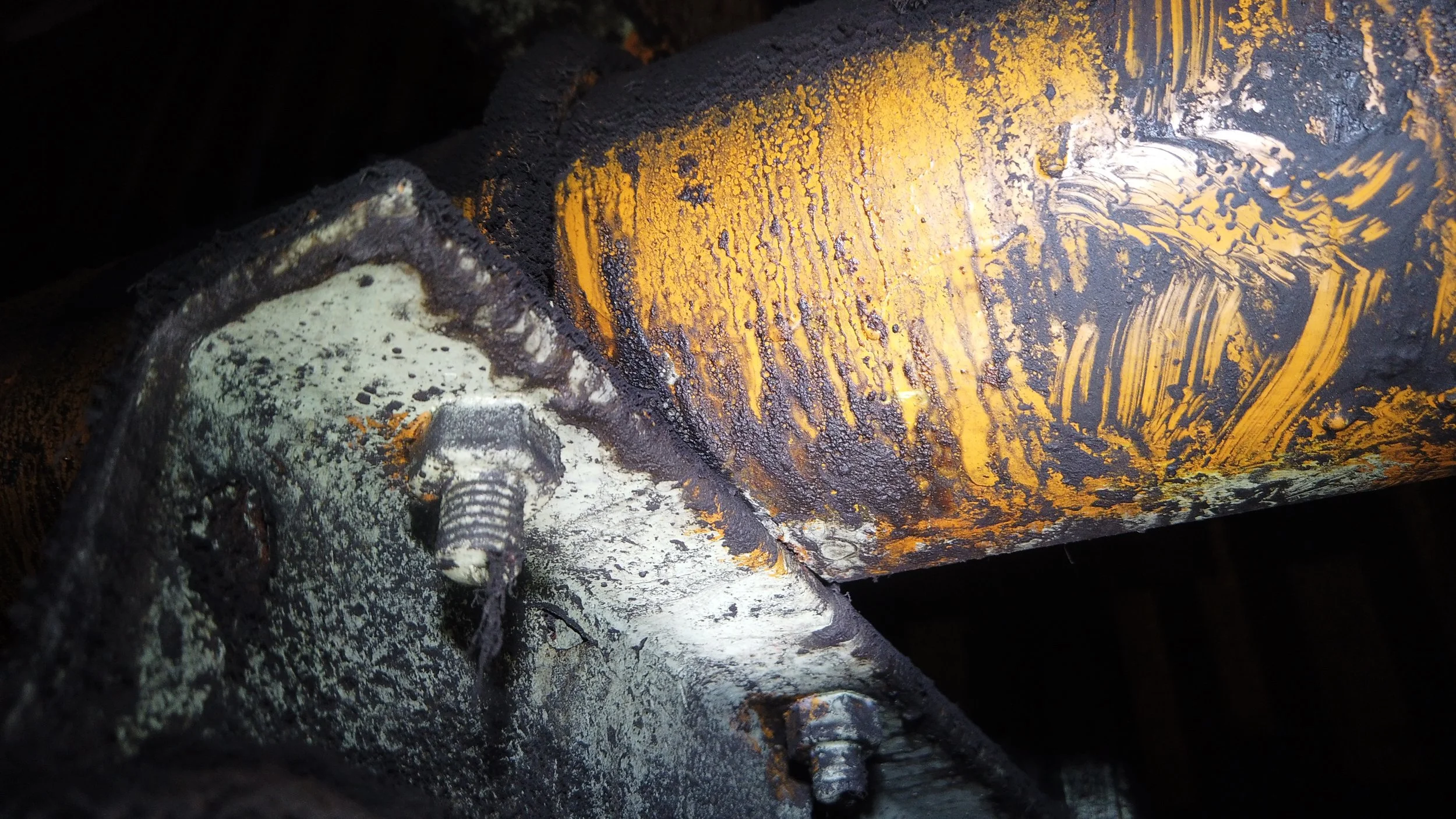 Close-up of a rusted, oily mechanical part with yellow and black paint chipping, covered in grime and dirt, on a dark background.