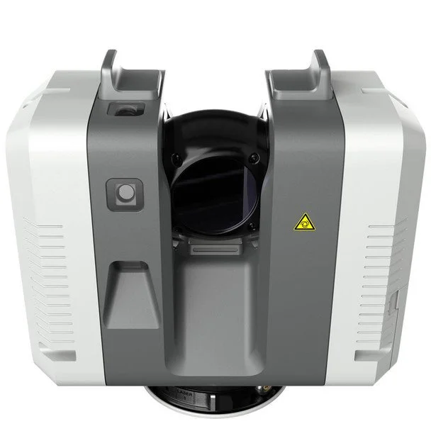 Front view of a modern laser scanner device used for 3D scanning or surveying.
