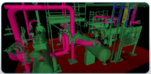 Color-coded industrial piping and equipment in a factory setting.