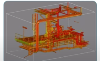 3D model of an industrial piping system with orange and yellow pipes inside a transparent box.
