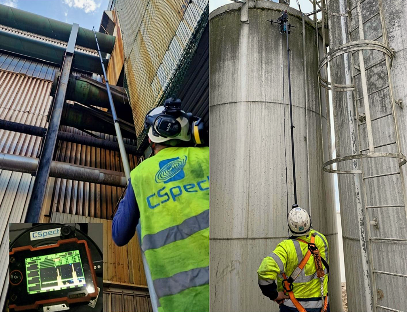 Two workers wearing safety gear and high-visibility clothing performing inspections or measurements on industrial structures. The left side shows a person measuring a large pipe with a long pole, and a monitoring device with a screen displaying technical data. The right side shows another worker looking up at a tall concrete silo, holding a long measuring instrument or sensor attached to the silo with a cable.