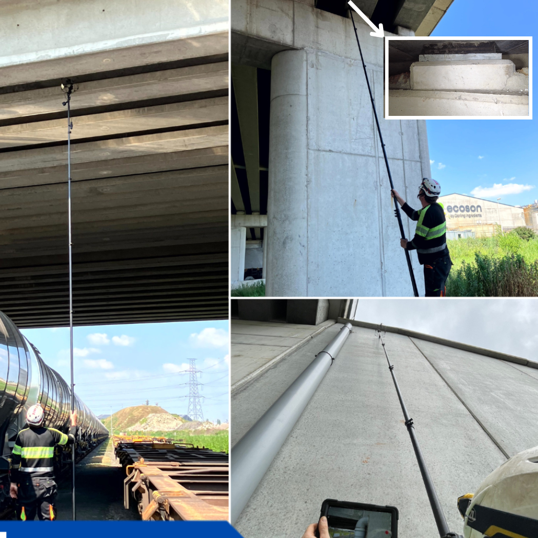 A worker using a long-reach tool to inspect a bridge structure from various angles, including underneath and beside the concrete supports, with a focus on the inspection process.